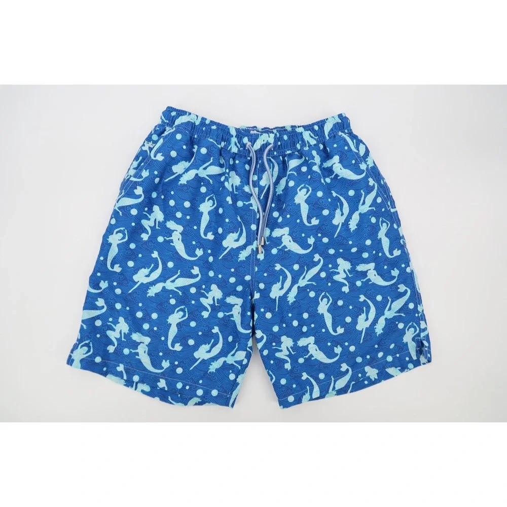 Peter‎ Millar Mens Small Blue Mermaids Drawstring Lined Swim Trunks Shorts